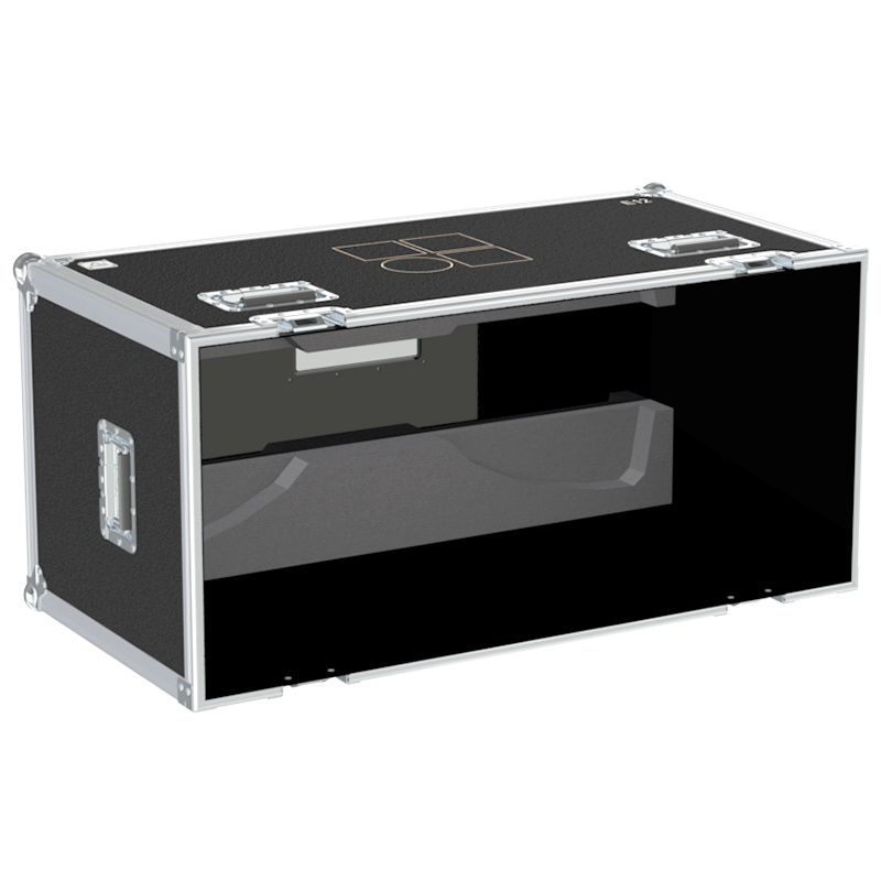 Empty interior of the flight case for 2x d&b E12 showing precision CNC-cut foam for high-density audio protection