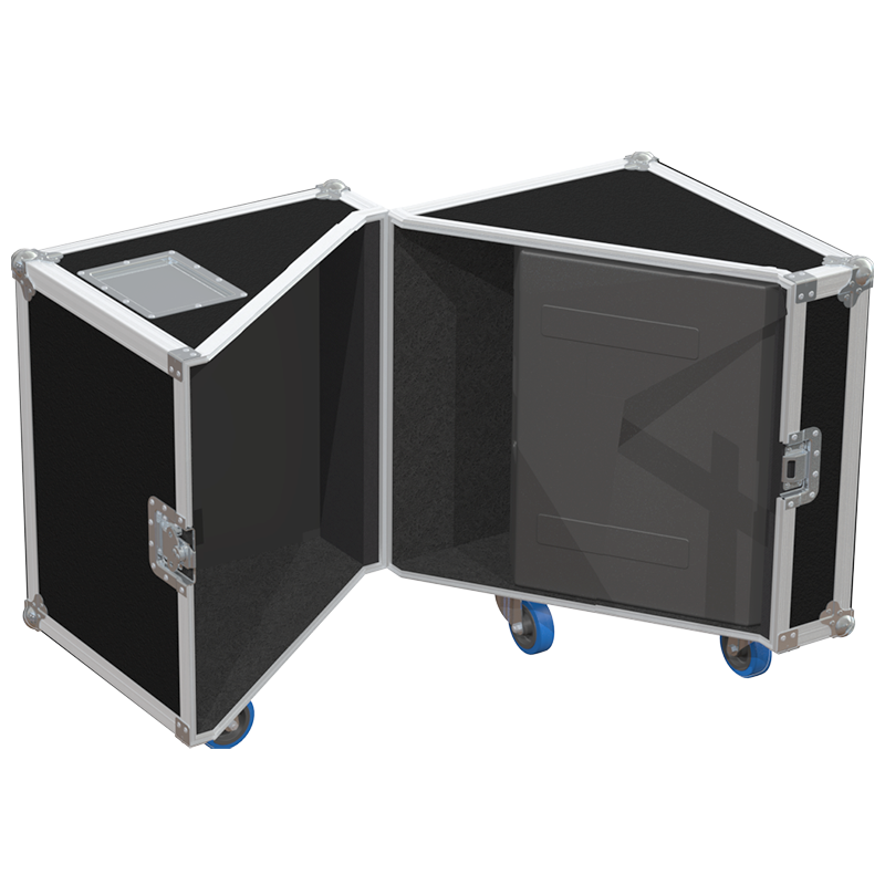 Two d&b audiotechnik M4 monitors safely secured inside the custom flight case for professional rental and touring