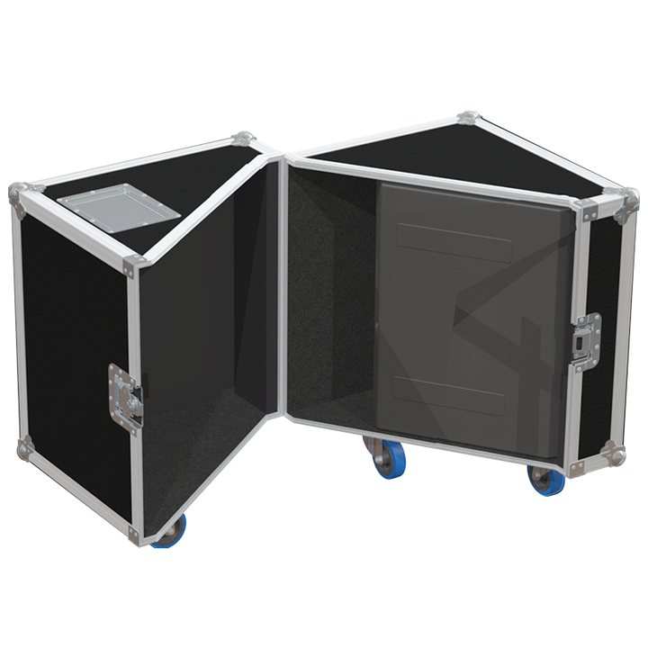 Two d&b audiotechnik M4 monitors safely secured inside the custom flight case for professional rental and touring