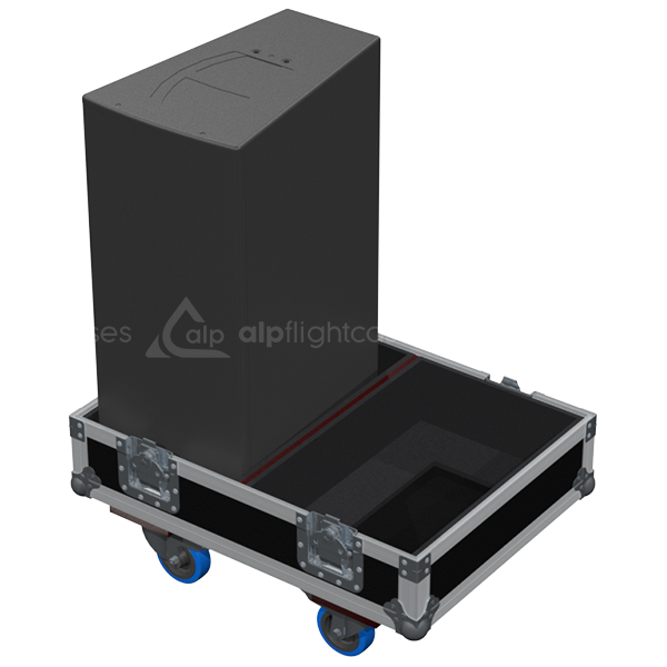 Two d&b audiotechnik V10P point source speakers safely secured inside the custom twin flight case for professional touring