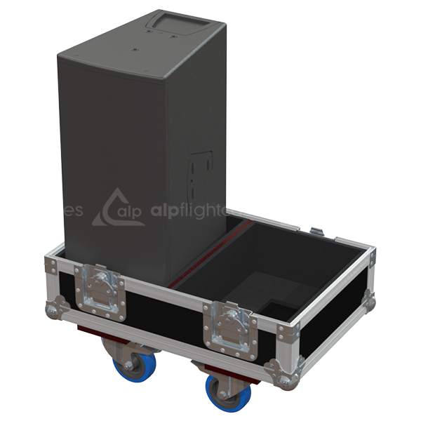 Two d&b audiotechnik Y10P point source speakers safely secured inside the custom twin flight case for professional touring