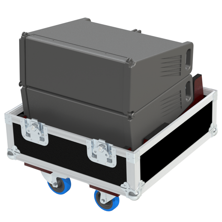 Two d&b audiotechnik Y10P speakers safely secured inside the custom flight case for professional rental and touring