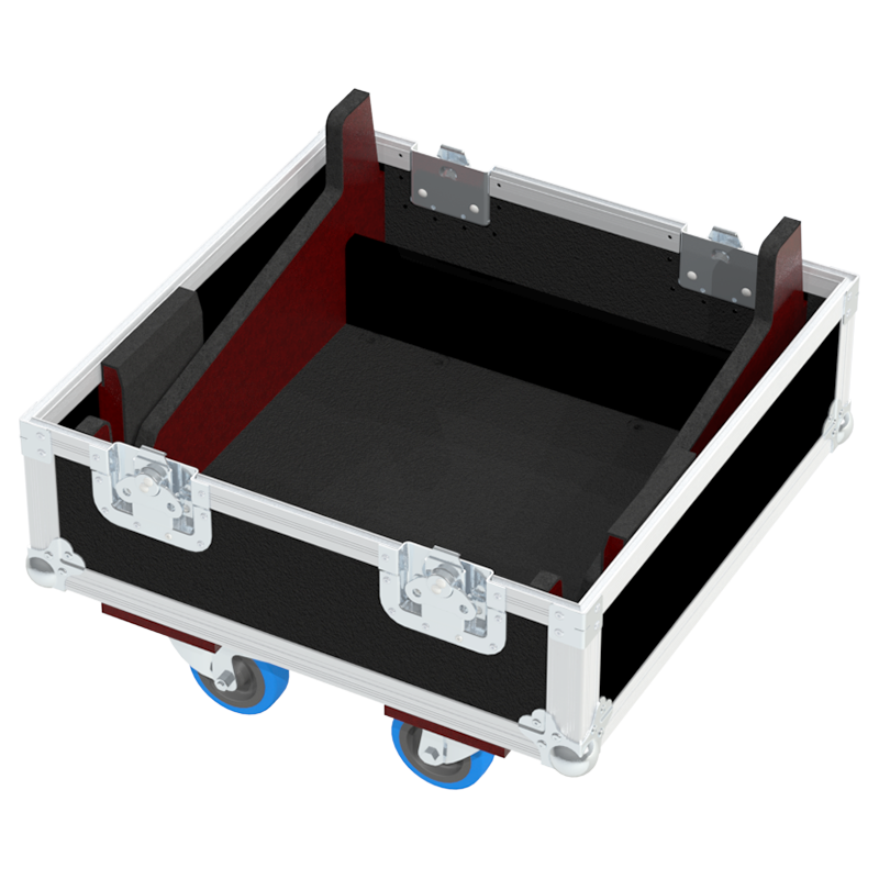 Empty interior of the flight case for 2x d&b Y10P showing precision CNC-cut foam for high-density audio protection