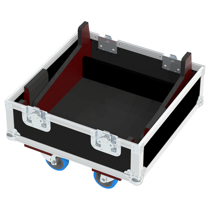 Empty interior of the flight case for 2x d&b Y10P showing precision CNC-cut foam for high-density audio protection