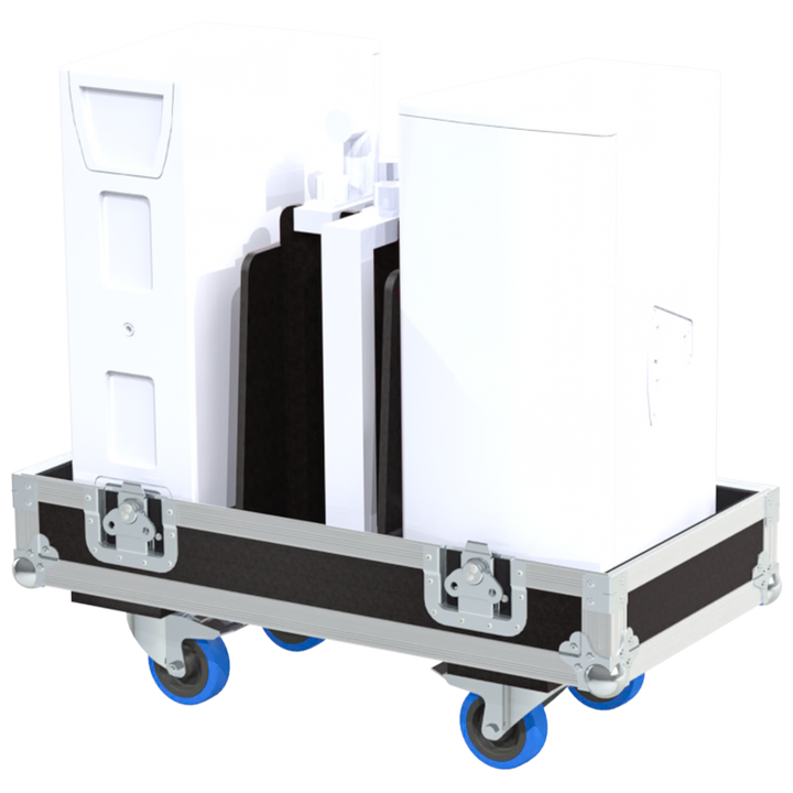 Two d&b audiotechnik Y7P speakers safely secured inside the custom twin flight case for professional touring