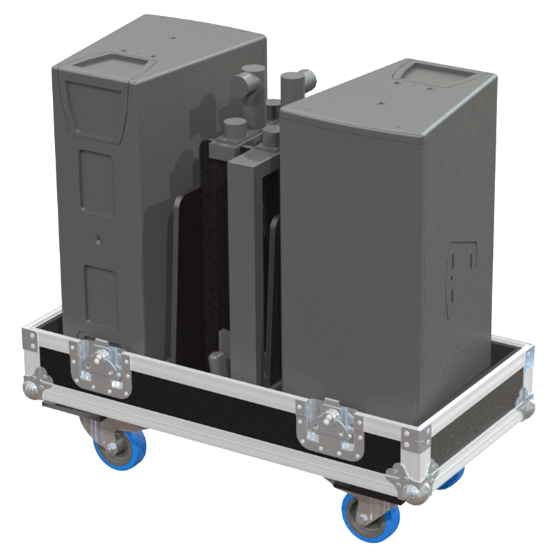 Two d&b audiotechnik Y7P speakers and their rigging frames safely secured inside the custom flight case