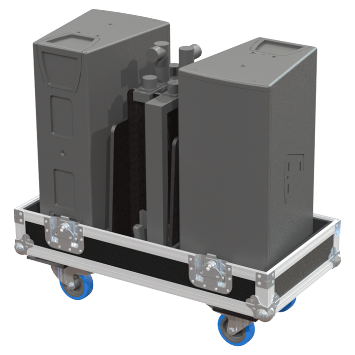 Two d&b audiotechnik Y7P speakers and their rigging frames safely secured inside the custom flight case