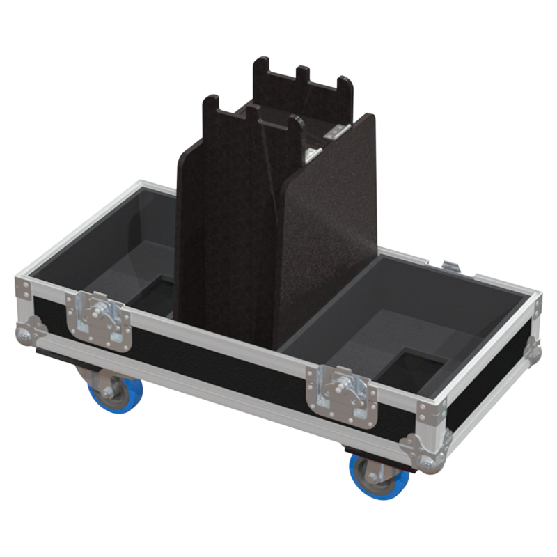 Empty interior of the flight case for 2x d&b Y7P showing custom compartments for speakers and dedicated frame slots