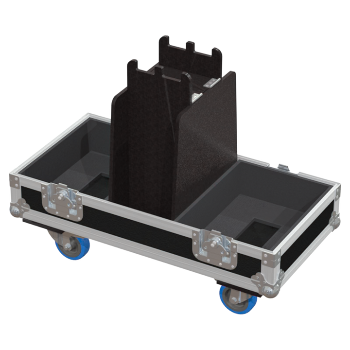 Empty interior of the flight case for 2x d&b Y7P showing custom compartments for speakers and dedicated frame slots