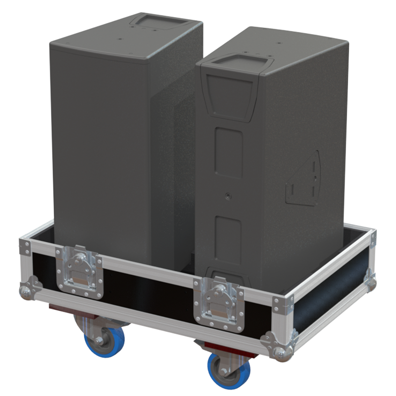 Two d&b audiotechnik Y7P V2 point source speakers safely secured inside the custom twin flight case