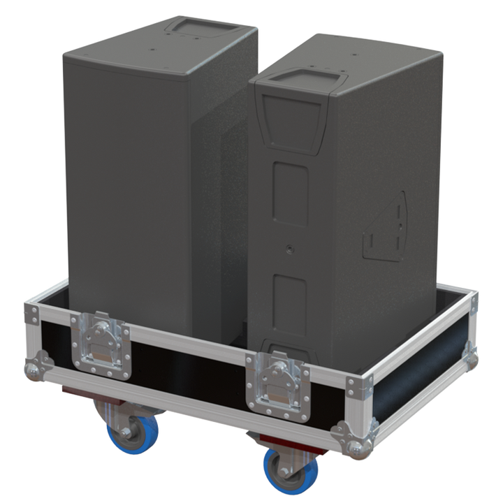 Two d&b audiotechnik Y7P V2 point source speakers safely secured inside the custom twin flight case