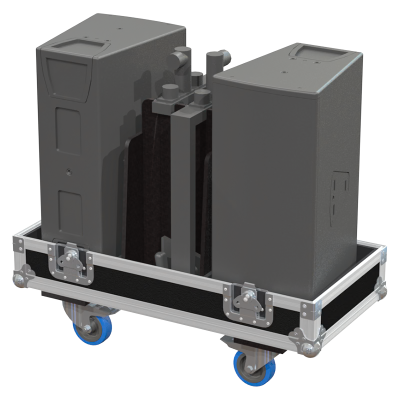 Two d&b audiotechnik Y10P speakers and flybars safely secured inside the custom flight case for professional touring