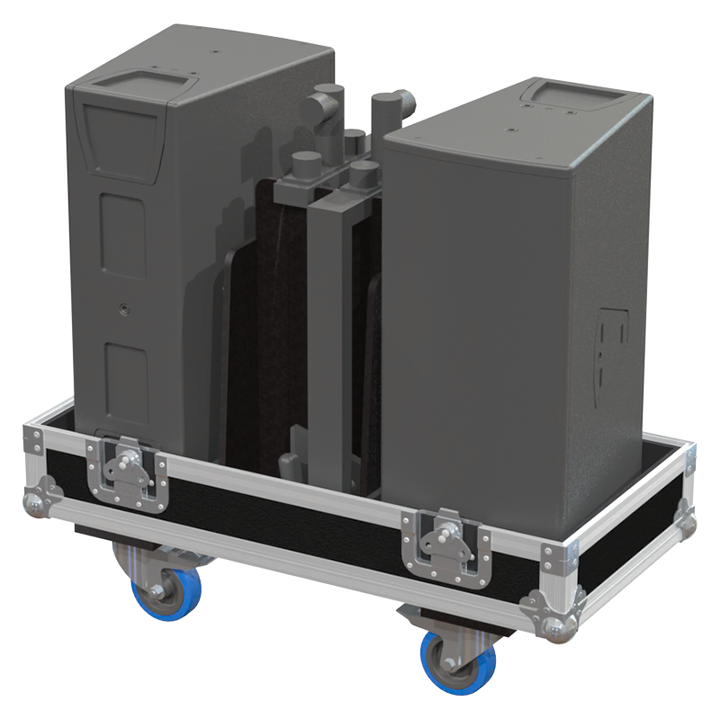 Two d&b audiotechnik Y10P speakers and flybars safely secured inside the custom flight case for professional touring
