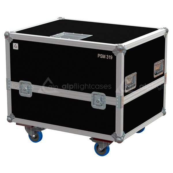 Front view of the professional twin touring flight case for 2x Funktion-One PSM318 DJ monitors by ALP Flight Cases