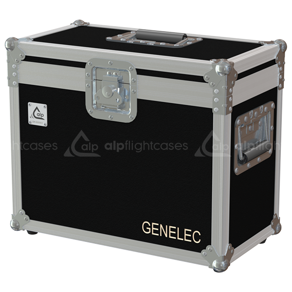 Front view of the professional twin touring flight case for 2x Genelec 8030B active studio monitors by ALP Flight Cases