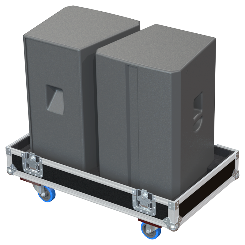 Two HK Audio Linear 5 115 F speakers safely secured inside the custom flight case for professional rental and touring
