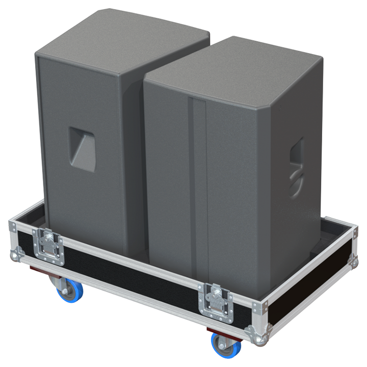 Two HK Audio Linear 5 115 F speakers safely secured inside the custom flight case for professional rental and touring