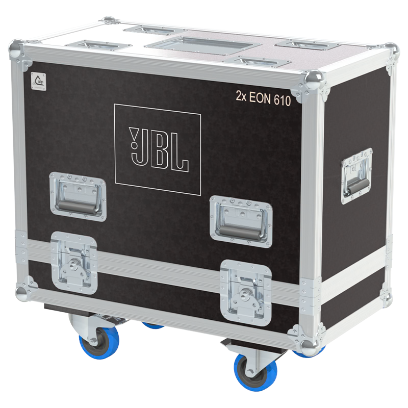 Front view of the professional twin touring flight case for 2x JBL EON 610 active speakers by ALP Flight Cases