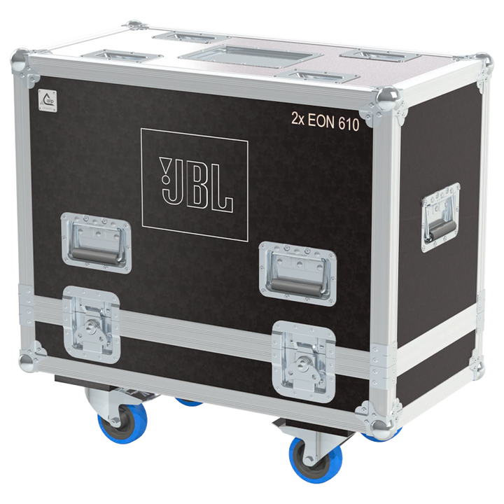 Front view of the professional twin touring flight case for 2x JBL EON 610 active speakers by ALP Flight Cases