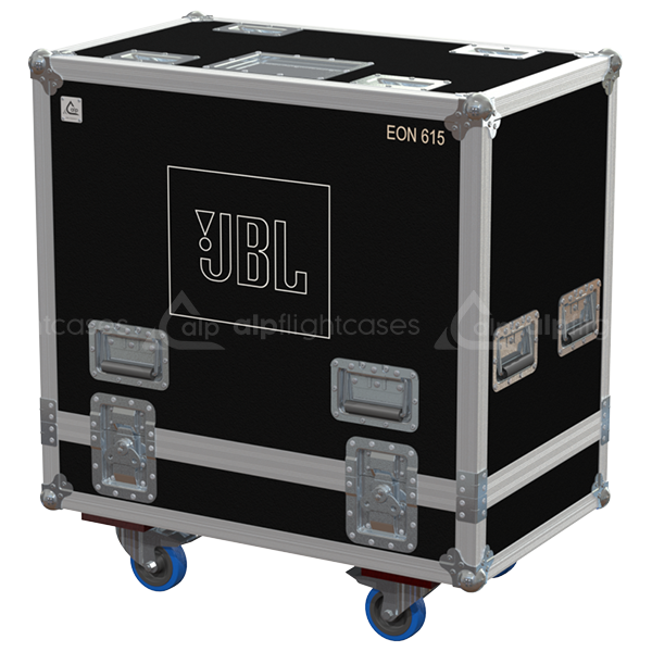 Front view of the professional twin touring flight case for 2x JBL EON 615 active speakers by ALP Flight Cases