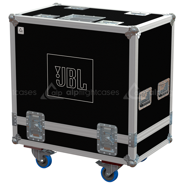 Front view of the professional twin touring flight case for 2x JBL PRX715 active speakers by ALP Flight Cases