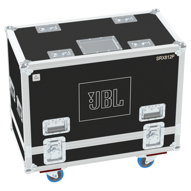Front view of the professional twin touring flight case for 2x JBL SRX812P active speakers by ALP Flight Cases