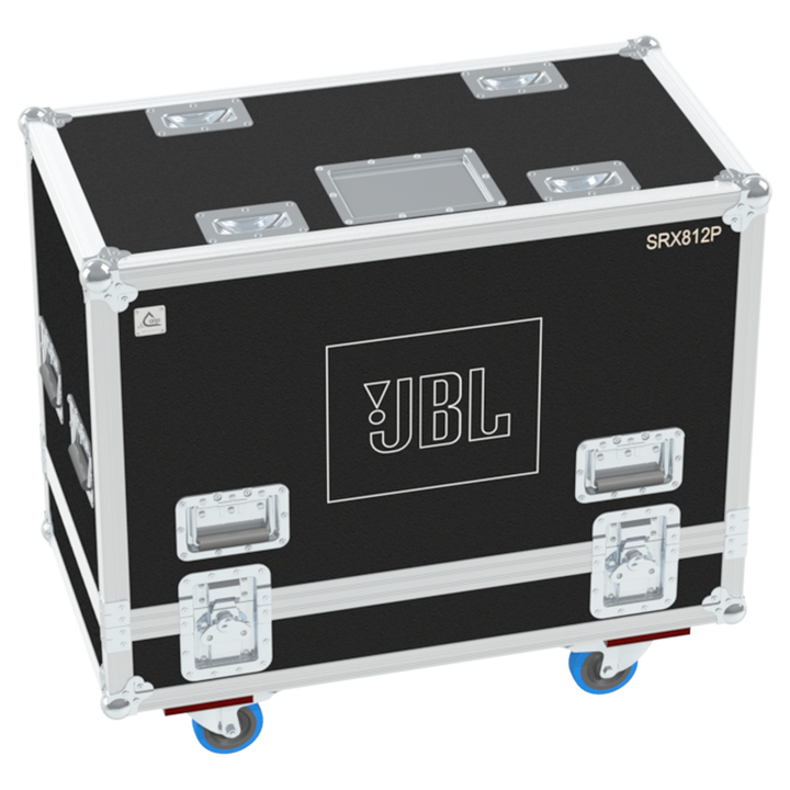 Front view of the professional twin touring flight case for 2x JBL SRX812P active speakers by ALP Flight Cases