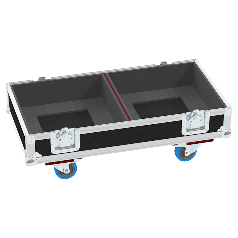 Empty interior of the twin flight case for 2x JBL SRX812P showing precision CNC-cut foam for high-density protection