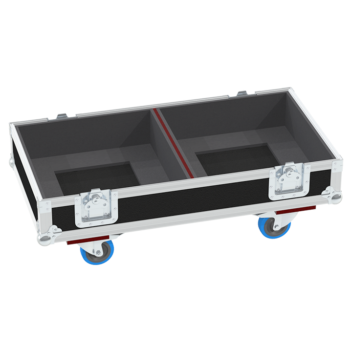 Empty interior of the twin flight case for 2x JBL SRX812P showing precision CNC-cut foam for high-density protection