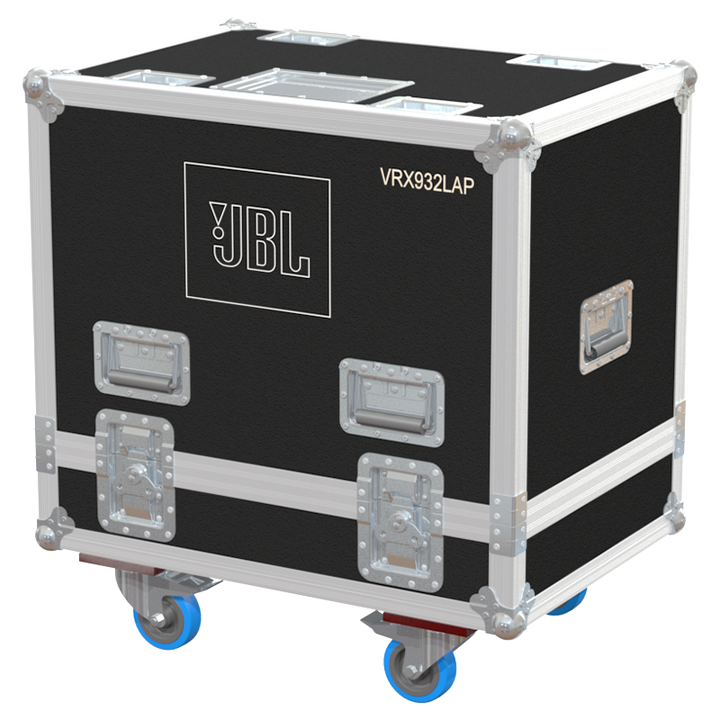 Front view of the professional twin touring flight case for 2x JBL VRX 932LAP active line array modules by ALP Flight Cases