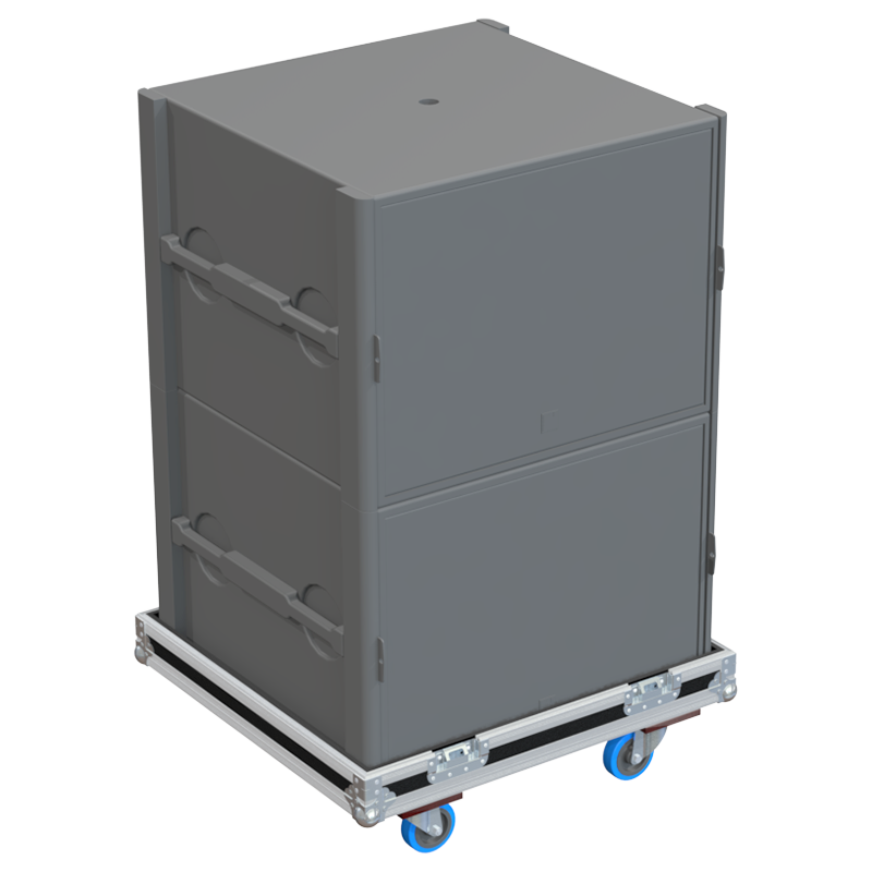 Two L-Acoustics SB18 high-power subwoofers safely secured inside the custom flight case for professional rental