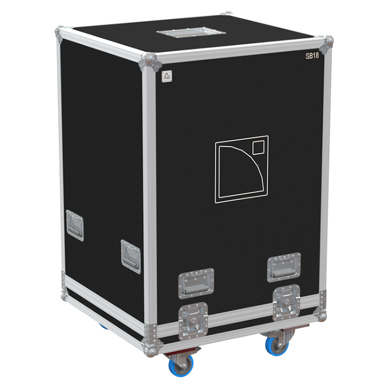 Front view of the professional twin touring flight case for 2x L-Acoustics SB18 subwoofers by ALP Flight Cases