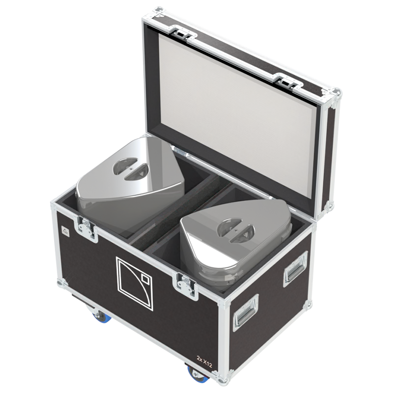 Two L-Acoustics X12 speakers safely secured inside the custom flight case for professional rental and stage monitoring