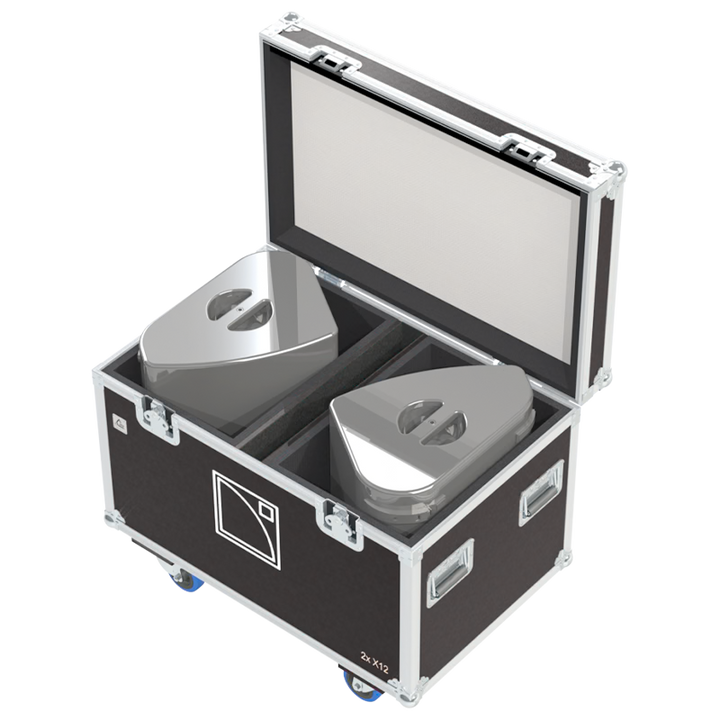 Two L-Acoustics X12 speakers safely secured inside the custom flight case for professional rental and stage monitoring