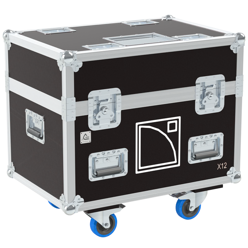 Front view of the professional twin touring flight case for 2x L-Acoustics X12 coaxial speakers by ALP Flight Cases