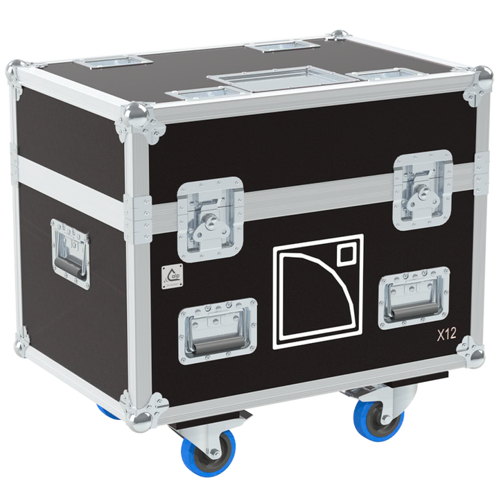 Front view of the professional twin touring flight case for 2x L-Acoustics X12 coaxial speakers by ALP Flight Cases