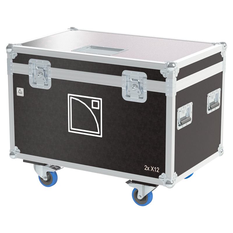 Front view of the professional twin touring flight case for 2x L-Acoustics X12 coaxial speakers by ALP Flight Cases