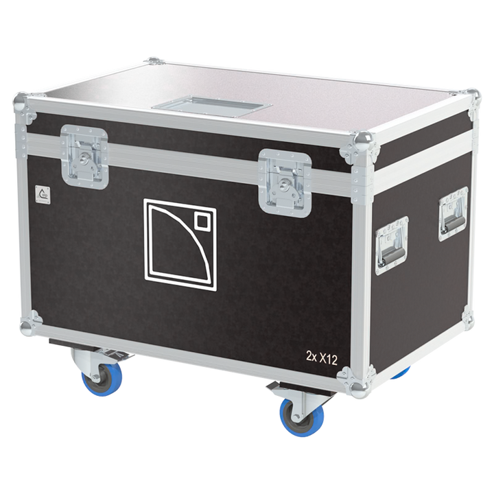 Front view of the professional twin touring flight case for 2x L-Acoustics X12 coaxial speakers by ALP Flight Cases