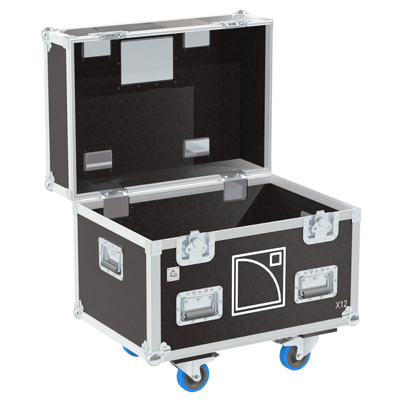 Empty interior of the flight case for 2x L-Acoustics X12 showing precision CNC-cut foam for high-density audio protection