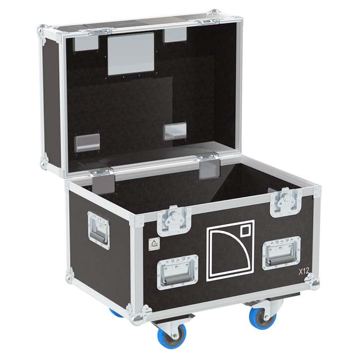 Empty interior of the flight case for 2x L-Acoustics X12 showing precision CNC-cut foam for high-density audio protection