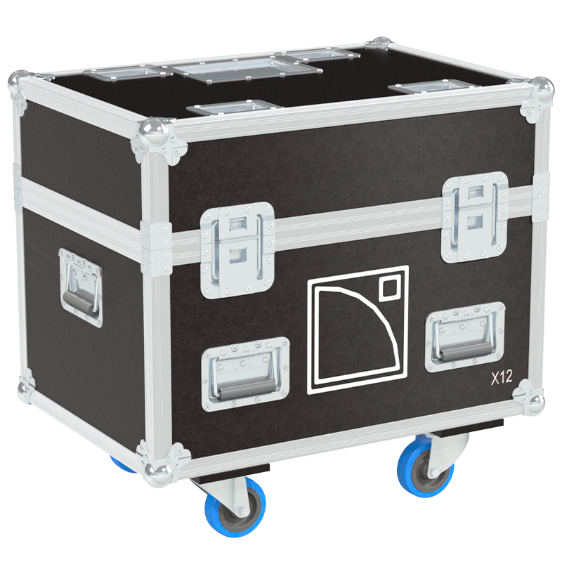 Rear view of the road case for L-Acoustics X12 showing heavy-duty hardware and 10mm birch plywood construction