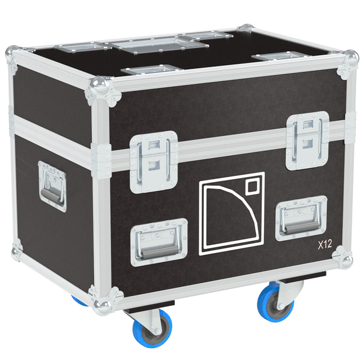 Rear view of the road case for L-Acoustics X12 showing heavy-duty hardware and 10mm birch plywood construction