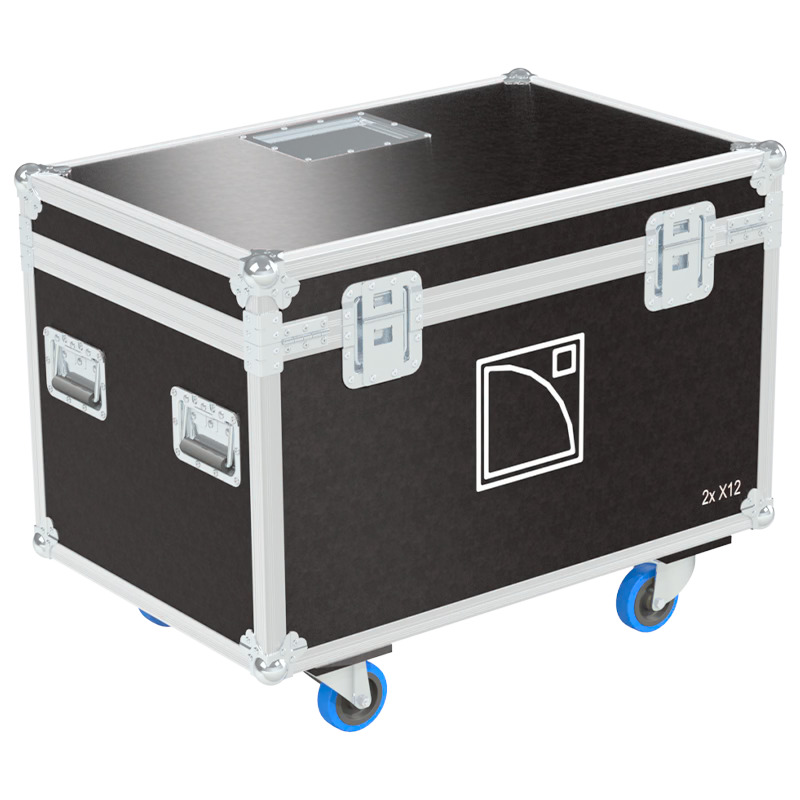 Rear view of the road case for L-Acoustics X12 showing heavy-duty hardware and 10mm birch plywood construction