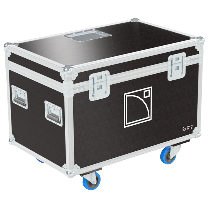 Rear view of the road case for L-Acoustics X12 showing heavy-duty hardware and 10mm birch plywood construction