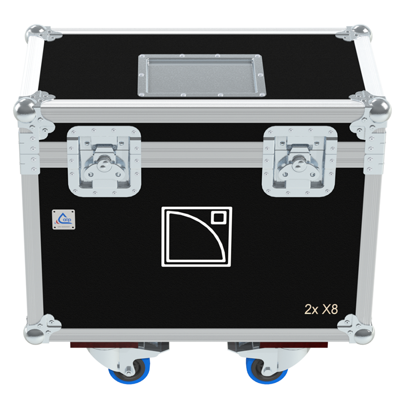 Front view of the professional twin touring flight case for 2x L-Acoustics X8 compact speakers by ALP Flight Cases