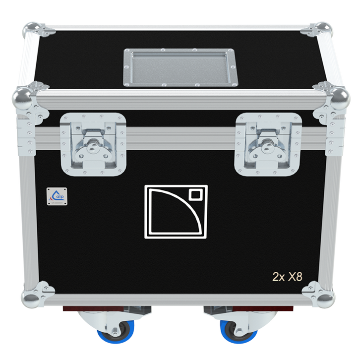 Front view of the professional twin touring flight case for 2x L-Acoustics X8 compact speakers by ALP Flight Cases
