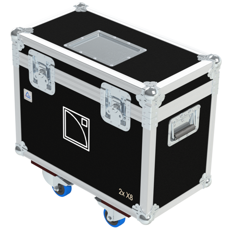 Front view of the professional twin touring flight case for 2x L-Acoustics X8 compact speakers by ALP Flight Cases