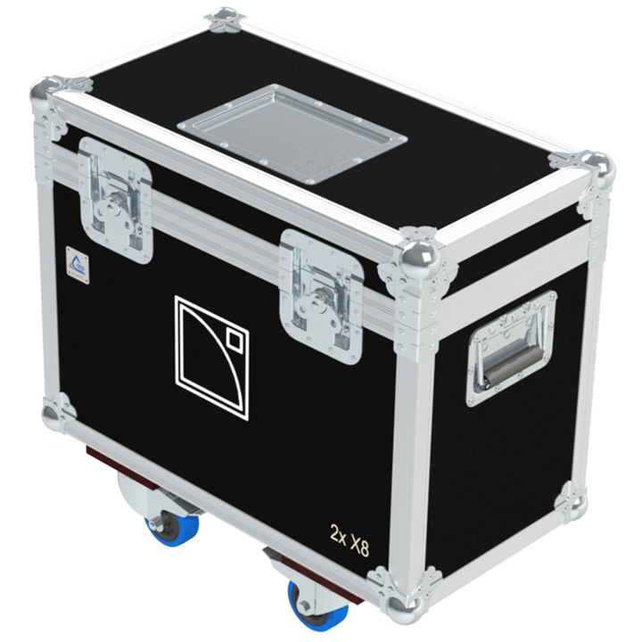 Front view of the professional twin touring flight case for 2x L-Acoustics X8 compact speakers by ALP Flight Cases