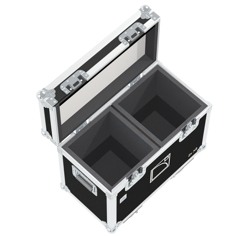 Empty interior of the flight case for 2x L-Acoustics X8 showing precision CNC-cut foam for high-density audio protection