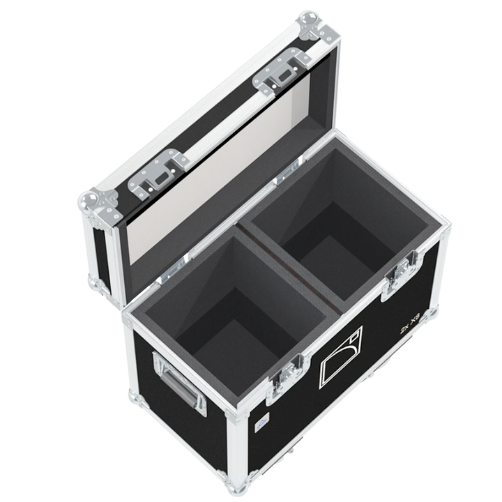 Empty interior of the flight case for 2x L-Acoustics X8 showing precision CNC-cut foam for high-density audio protection